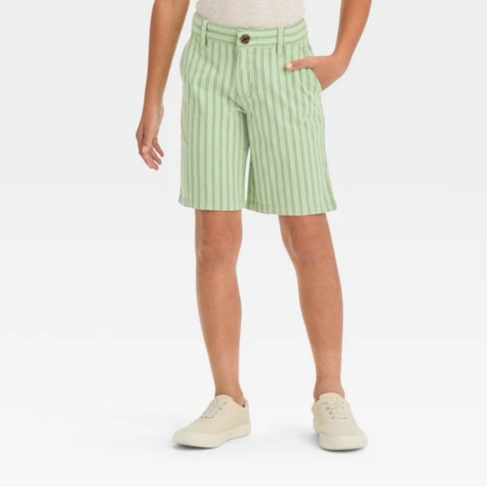 Cat & Jack, Flat-Front Shorts, Green Stripe, Cotton Stretch, Adjustable Waist